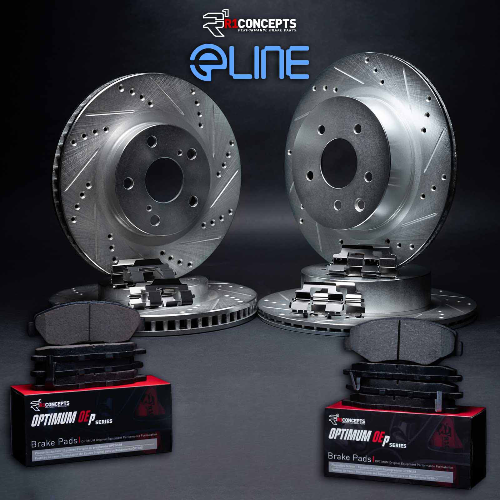 R1 Concepts WGUH2-72043 R1 Concepts Silver Drilled Slotted Rotors with 5000 Oep Brake Pads & Hdw