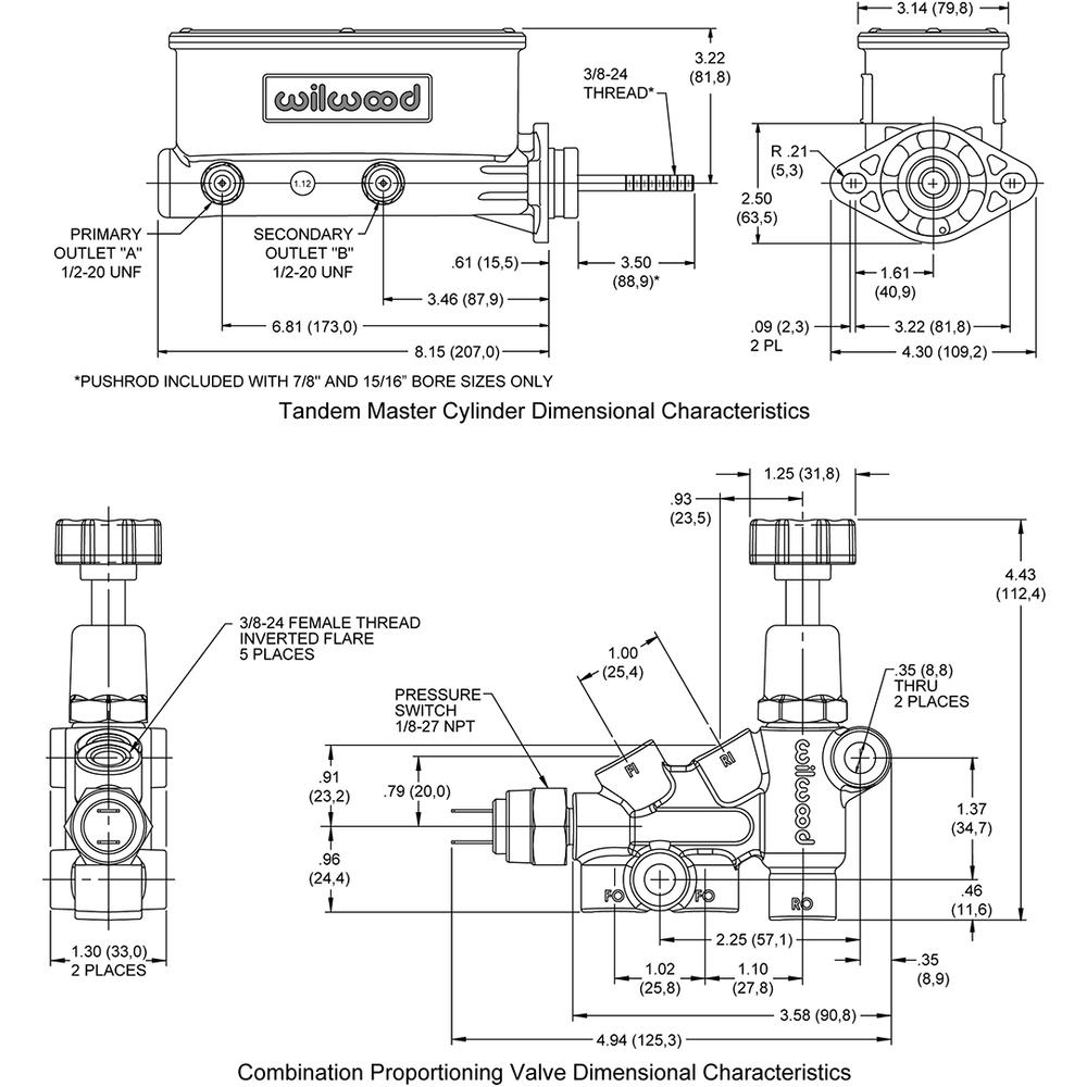 Wilwood Brakes Wilwood 261-13269-BK Aluminium Tandem Master Cylinder Kit (w/Brkt & Prop Valve 1in)