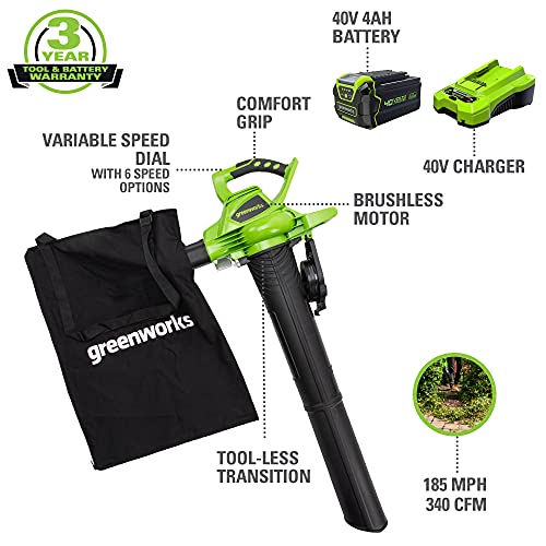 Greenworks 40V (185 MPH) Brushless Cordless Blower / Vacuum, 4.0Ah Battery and Charger Included 24322