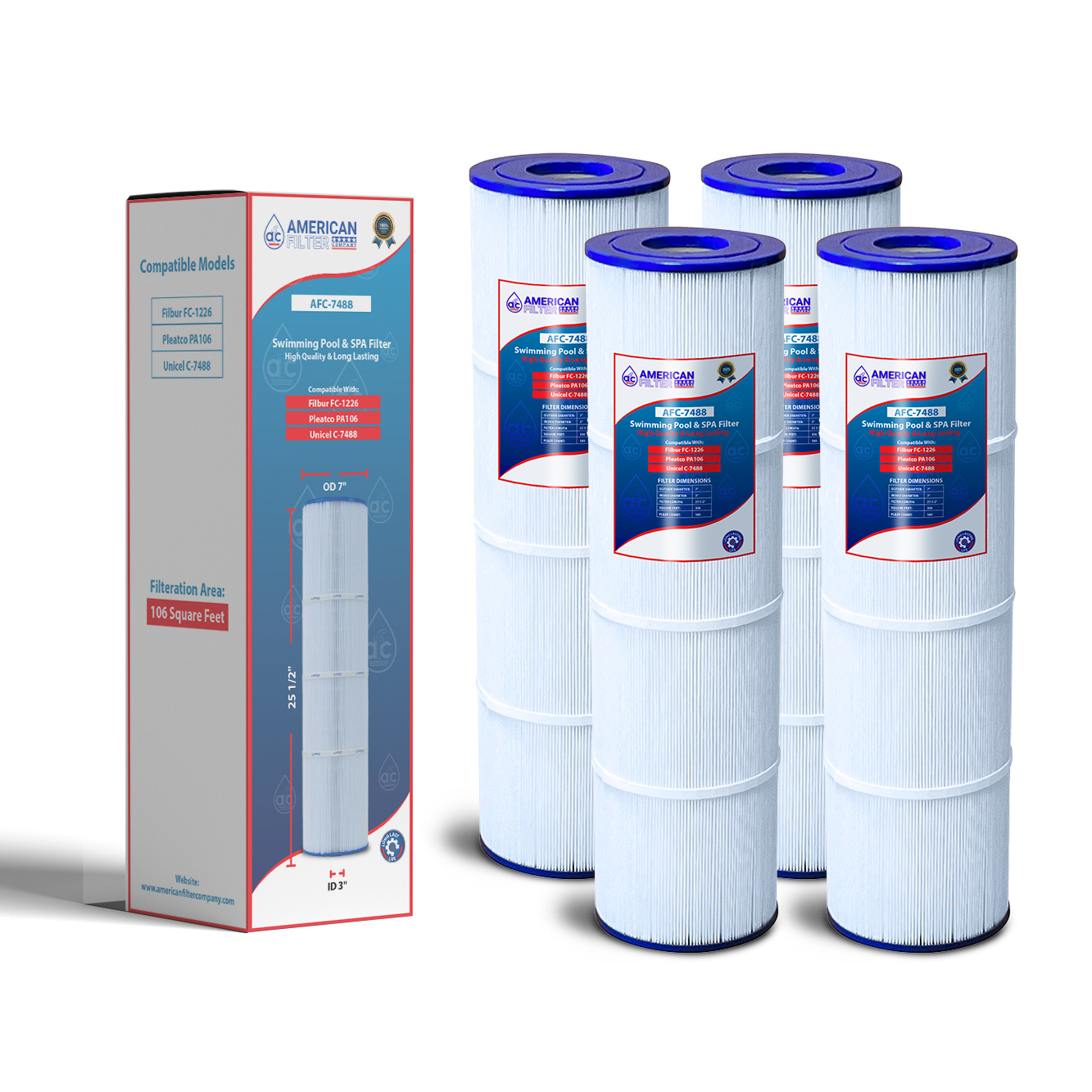 American Filter Company AFC&trade; Brand Model # AFC-7488 , Swimming Pool and Spa Filter , Compatible with Pleatco PA106 - 4 Filters