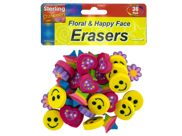 Sterling Flower and happy face erasers -12-pack