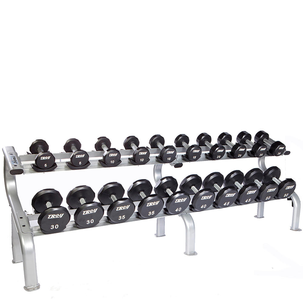 Troy Urethane Encased 12 Sided Dumbbells 5 - 50 lb. Set, in 5 lb increments, 1 pair of each. With 2-Tier Commercial Saddle Rack