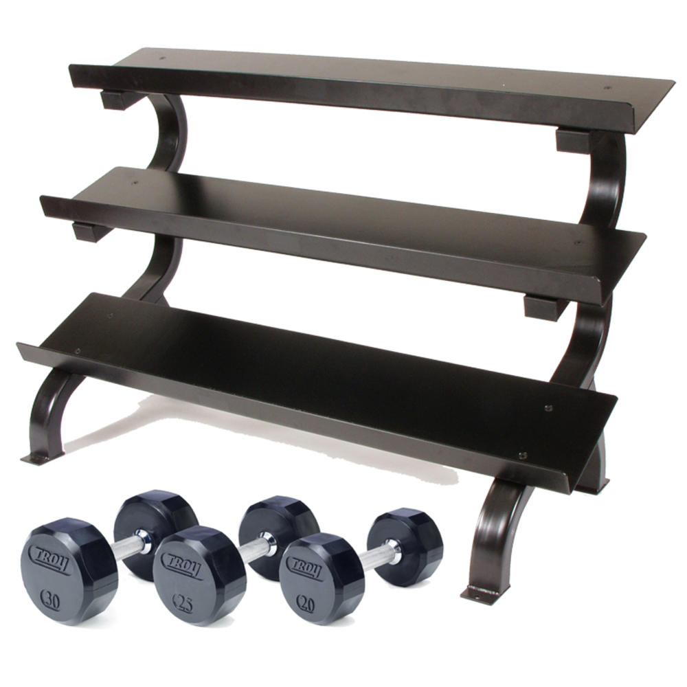 Troy Rubber Encased 12 Sided Dumbbells 5 - 75 lb. Set, in 5 lb increments, 1 pair of each, with 3-Tier Shelf Rack