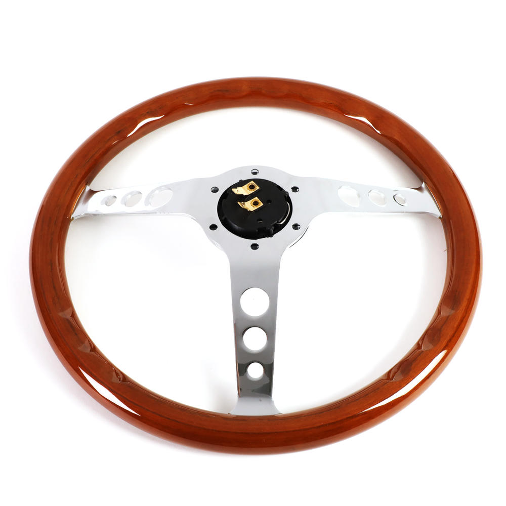DNA Motoring SW1406 14" Wood Grain Grip 2" Deep Dish Stainless Steel 3 Spokes Vintage Design Steering Wheel with Horn Button
