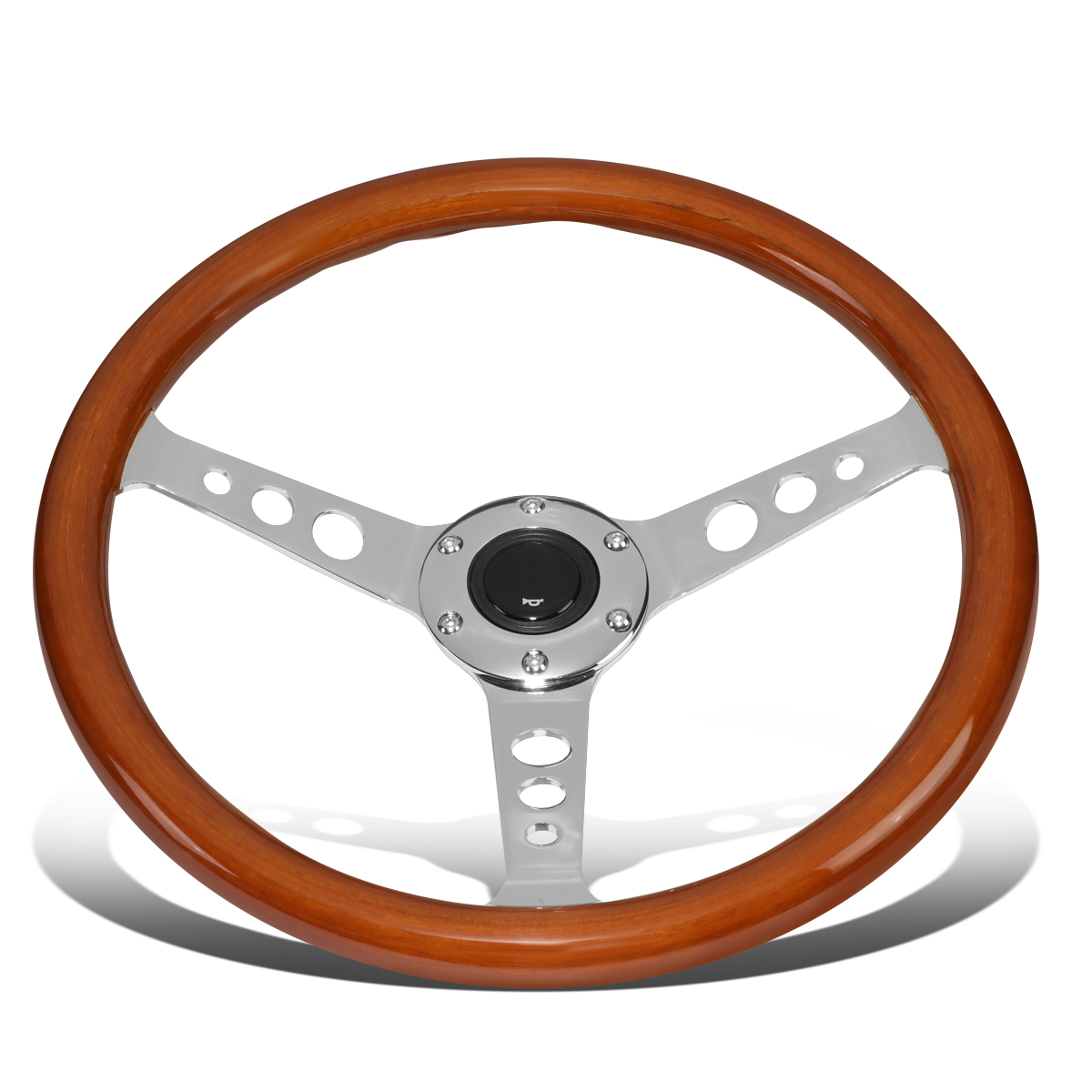 DNA Motoring SW1406 14" Wood Grain Grip 2" Deep Dish Stainless Steel 3 Spokes Vintage Design Steering Wheel with Horn Button