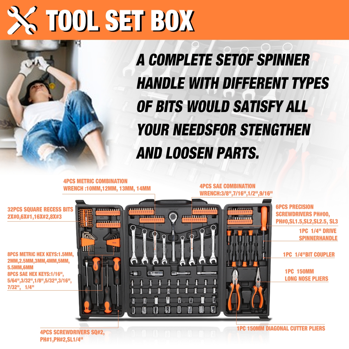 DNA Motoring TOOLS-00021 DNA MOTORING Orange 220 Pcs Portable Automotive Mechanic Repair Toolbox Socket+Hex Key+Screwdriver