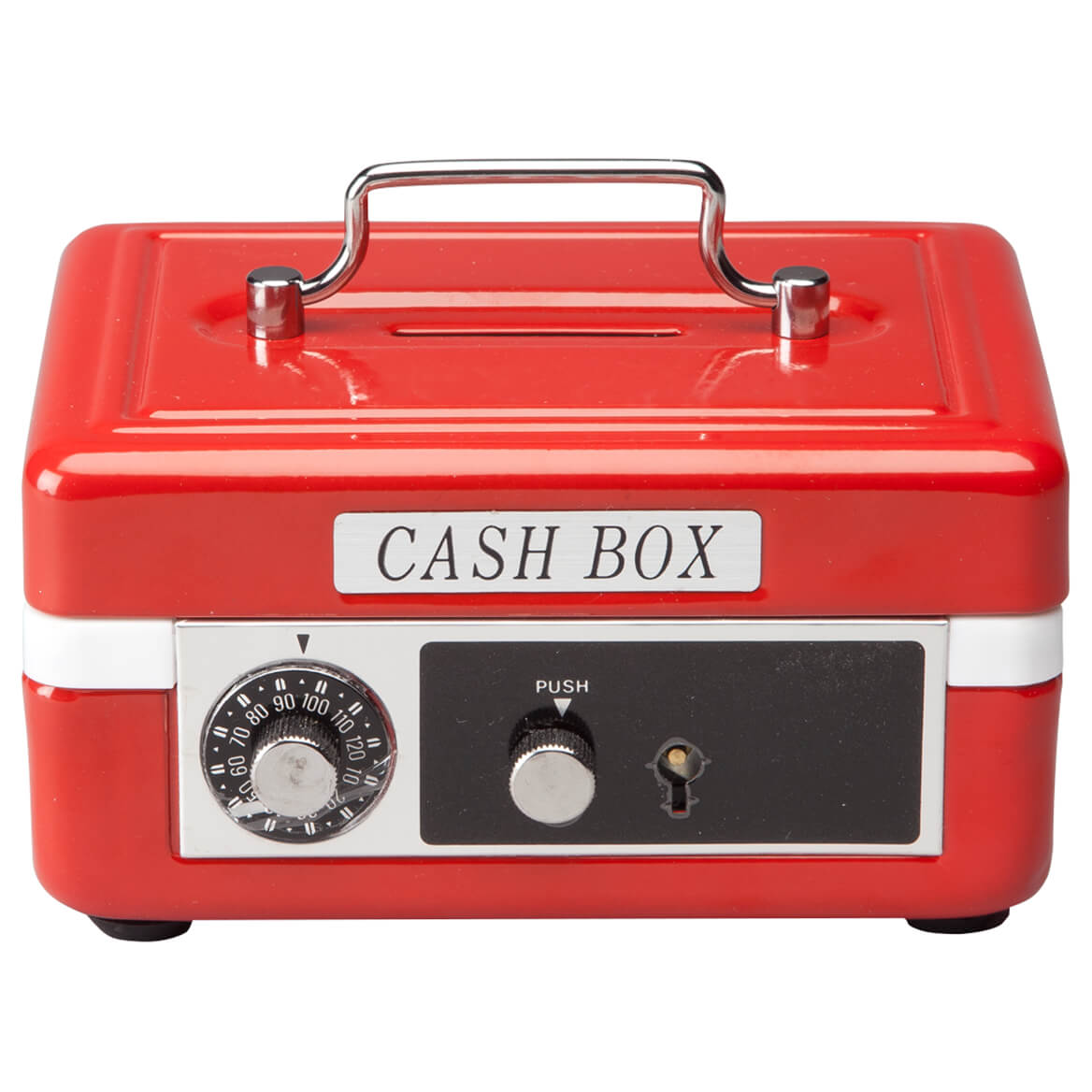 Fox Valley Traders Children’s Cash Box, Metal Piggy Bank Lockbox with Coin Slot, Red
