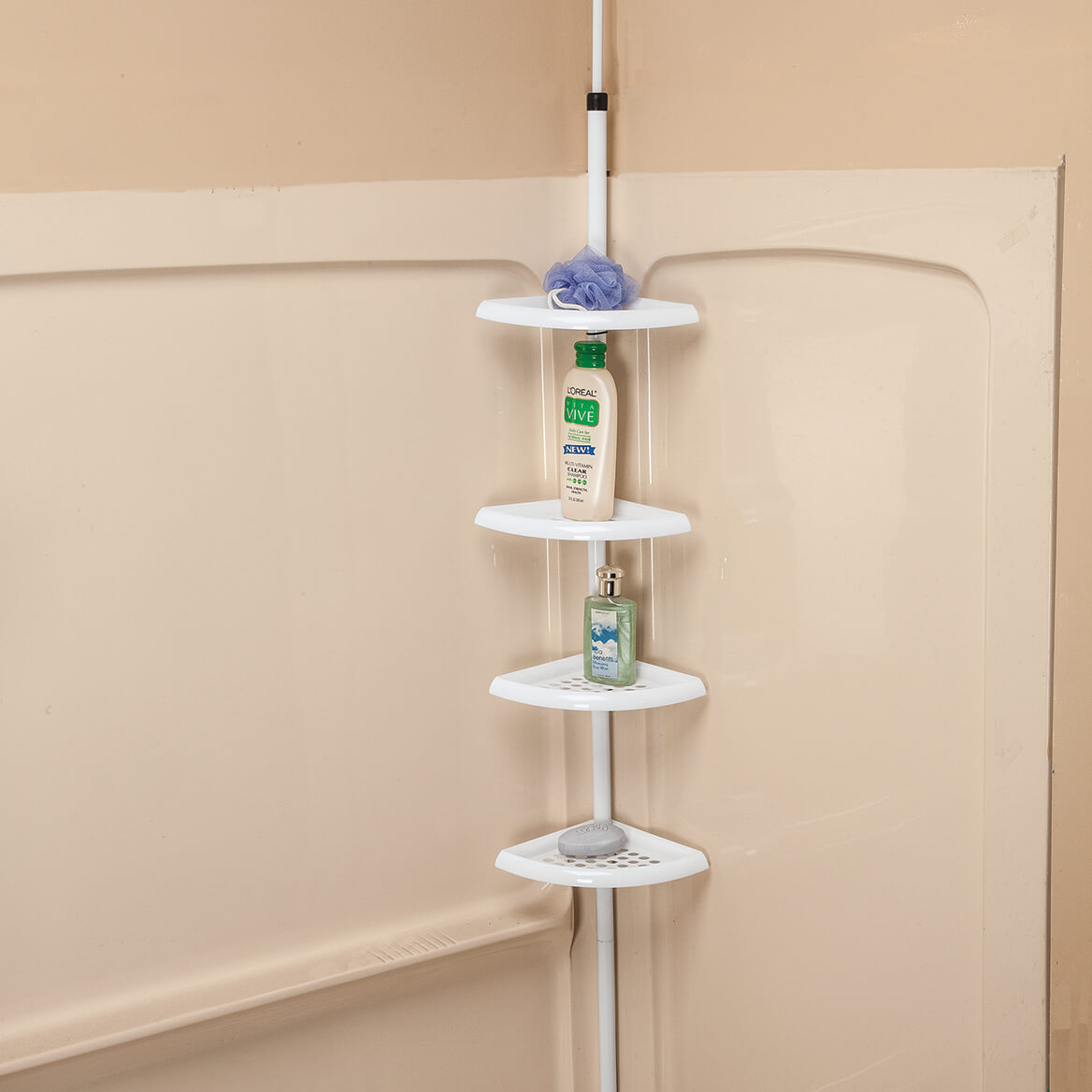4 Tier Plastic Tension Pole Shelf, Preferred Shelving And Bath