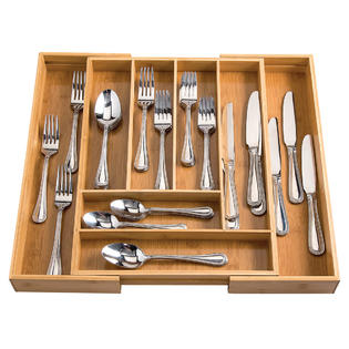 Fox Valley Traders Bamboo Expandable Cutlery and Utensil Drawer Organizer by HMP, Adjustable Drawer Organizer, Beige & Tan