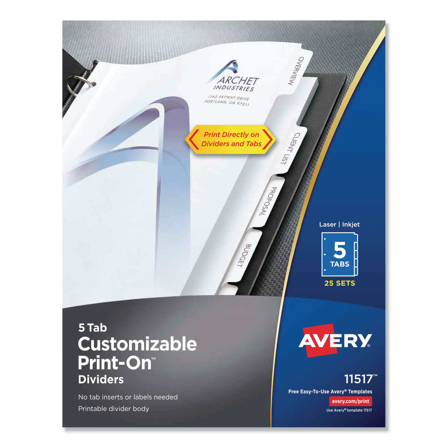 Avery Customizable Print-On Dividers, Letter, 5-Tabs/Set,  25 Sets/Pack
