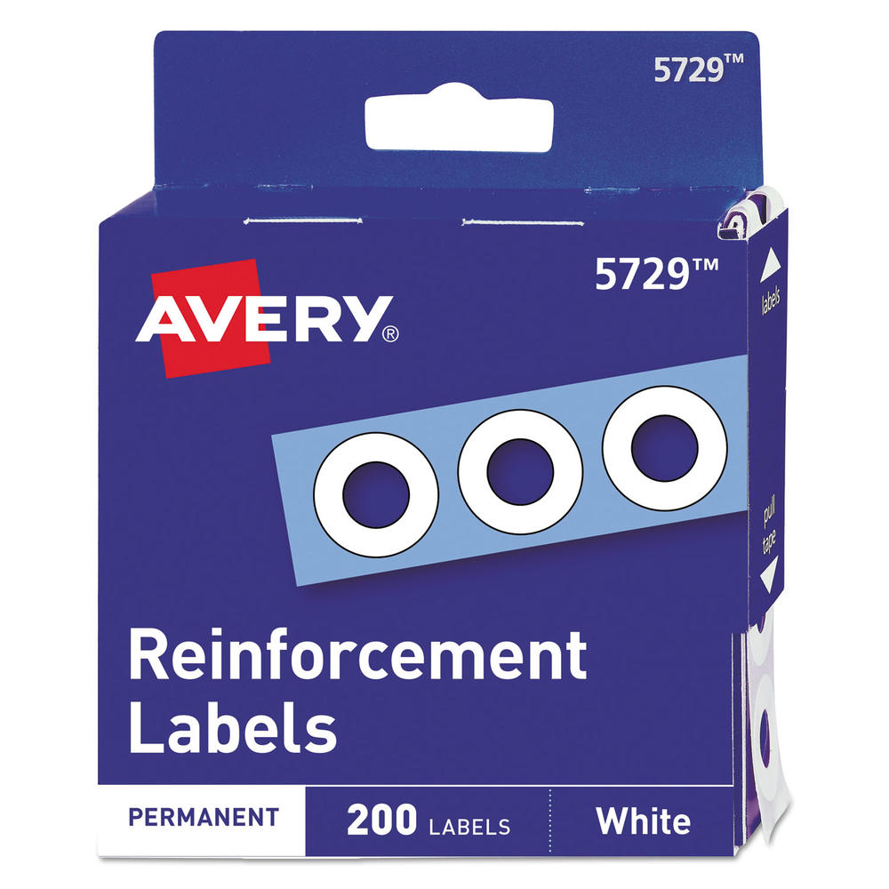 Avery Dispenser Pack Hole Reinforcements, 1/4" Dia, White, 200/Pack