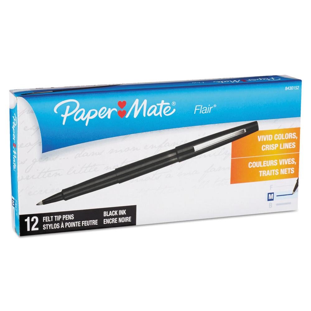 Paper-Mate Point Guard Flair Needle Tip Stick Porous Point Pen, 0.7mm, Black Ink/Barrel, Dozen