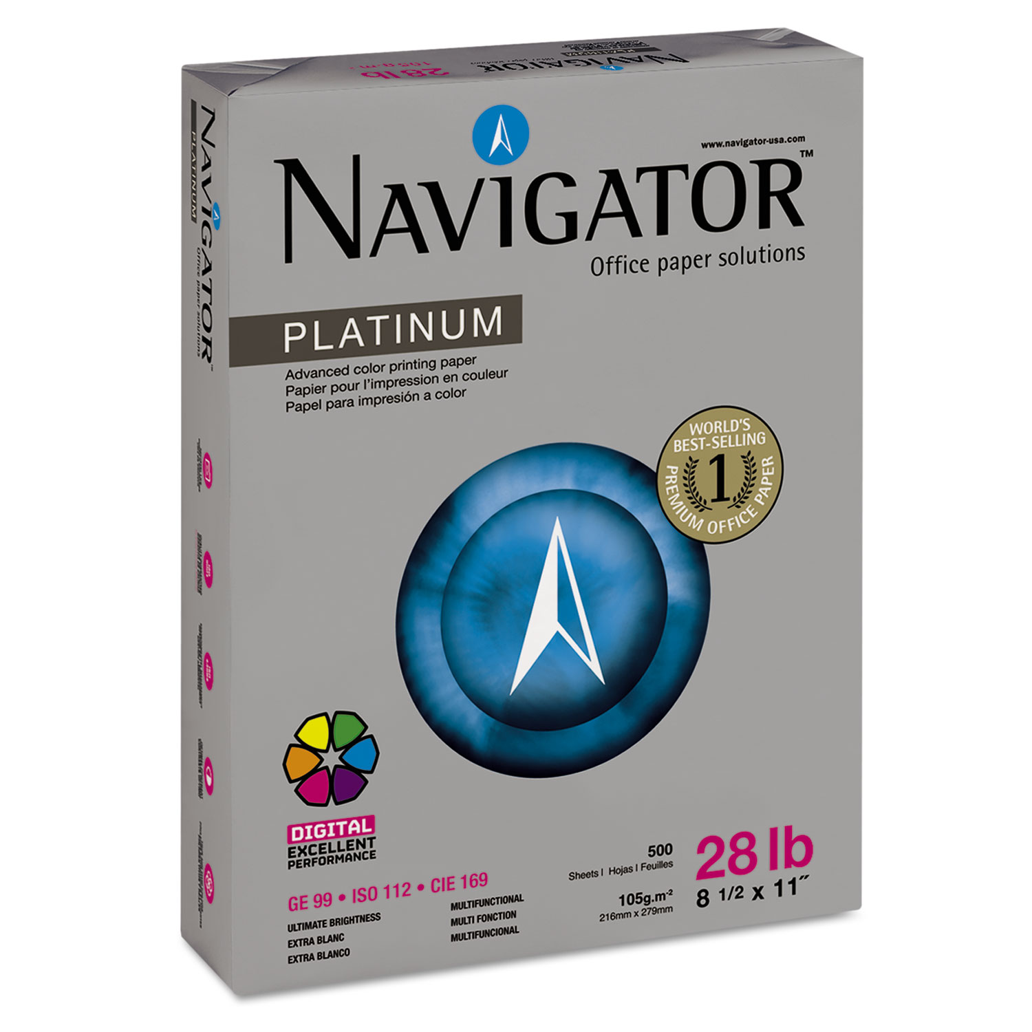 NAVIGATOR Platinum Paper, 99 Bright, 28lb, 8.5 x 11, White, 500/Ream