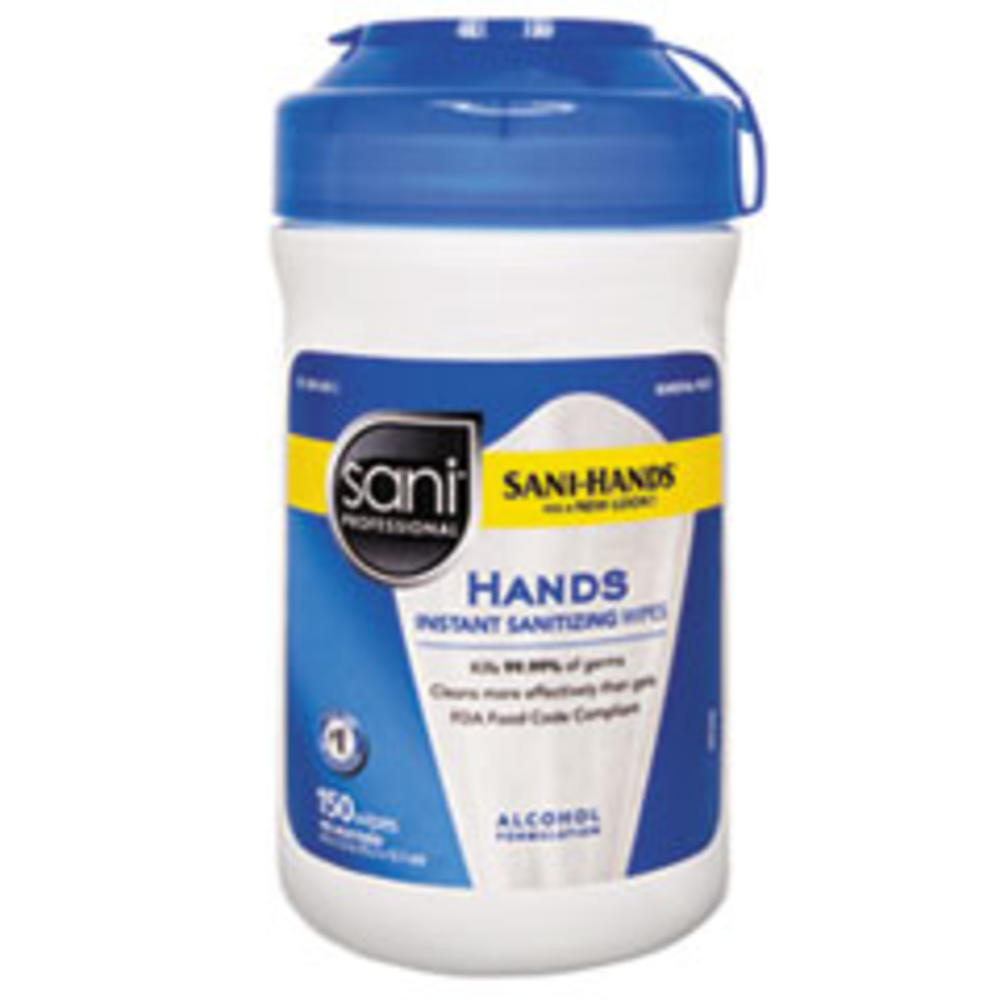Sani Professional Hands Instant Sanitizing Wipes, 6 x 5, White, 150/Canister, 12/CT
