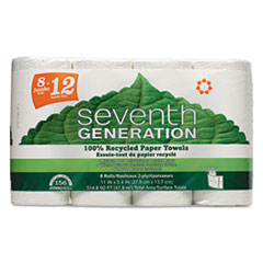 Seventh Generation 100% Recycled Paper Towel Rolls, 2-Ply, White, 156 Sheets/Roll, 8 Rolls/Pack