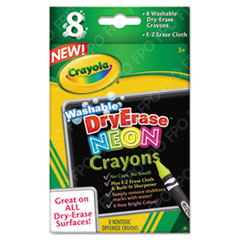 Crayola * Washable Dry Erase Crayons w/E-Z Erase Cloth, Assorted Neon Colors, 8/Pack