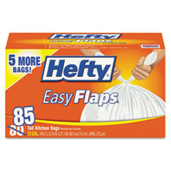 Hefty * Easy Flaps Tall-Kitchen Trash Bags, 13gal, White, 85/Box