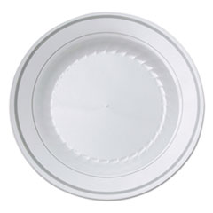 MotivationUSA Masterpiece Plastic Plates, 6 in., White w/Silver Accents, Round, 10/Pack