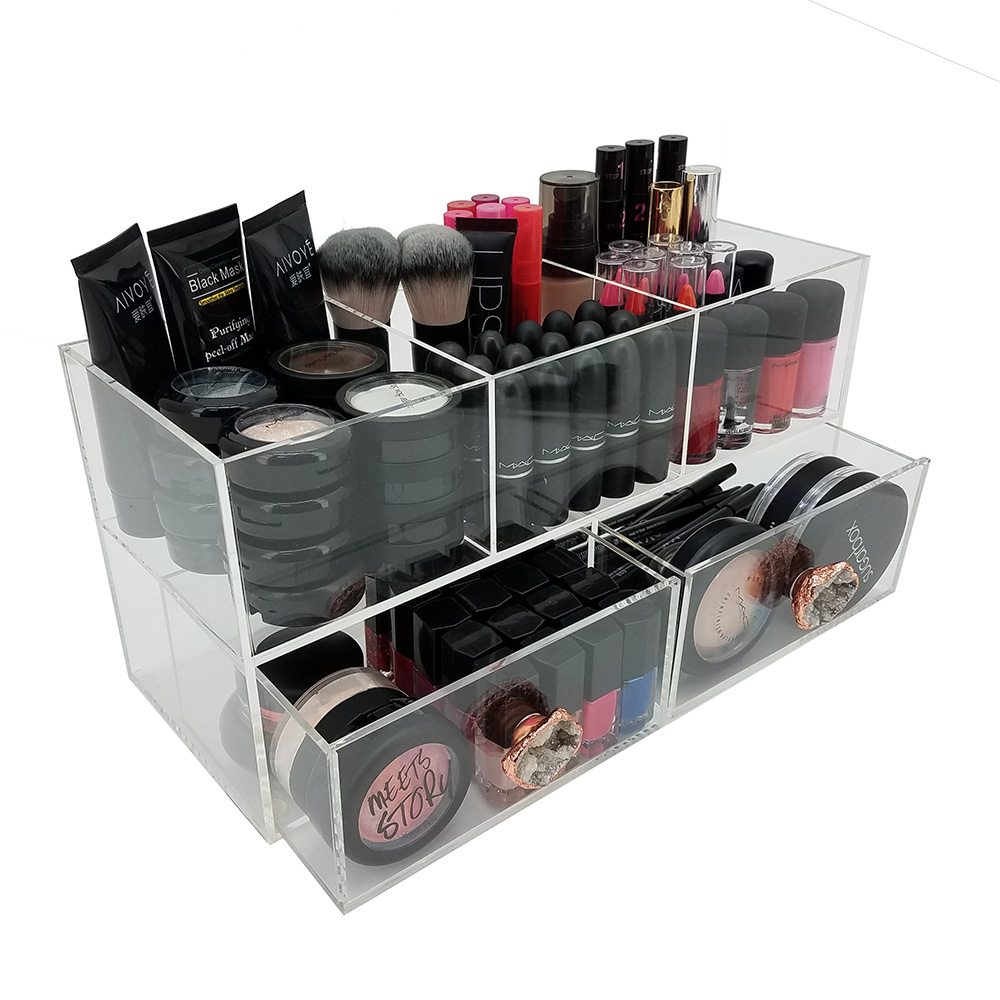 OnDisplay Andrea Deluxe Acrylic Cosmetic/Jewelry Organization Station w/Geode knobs - White/Rose Gold