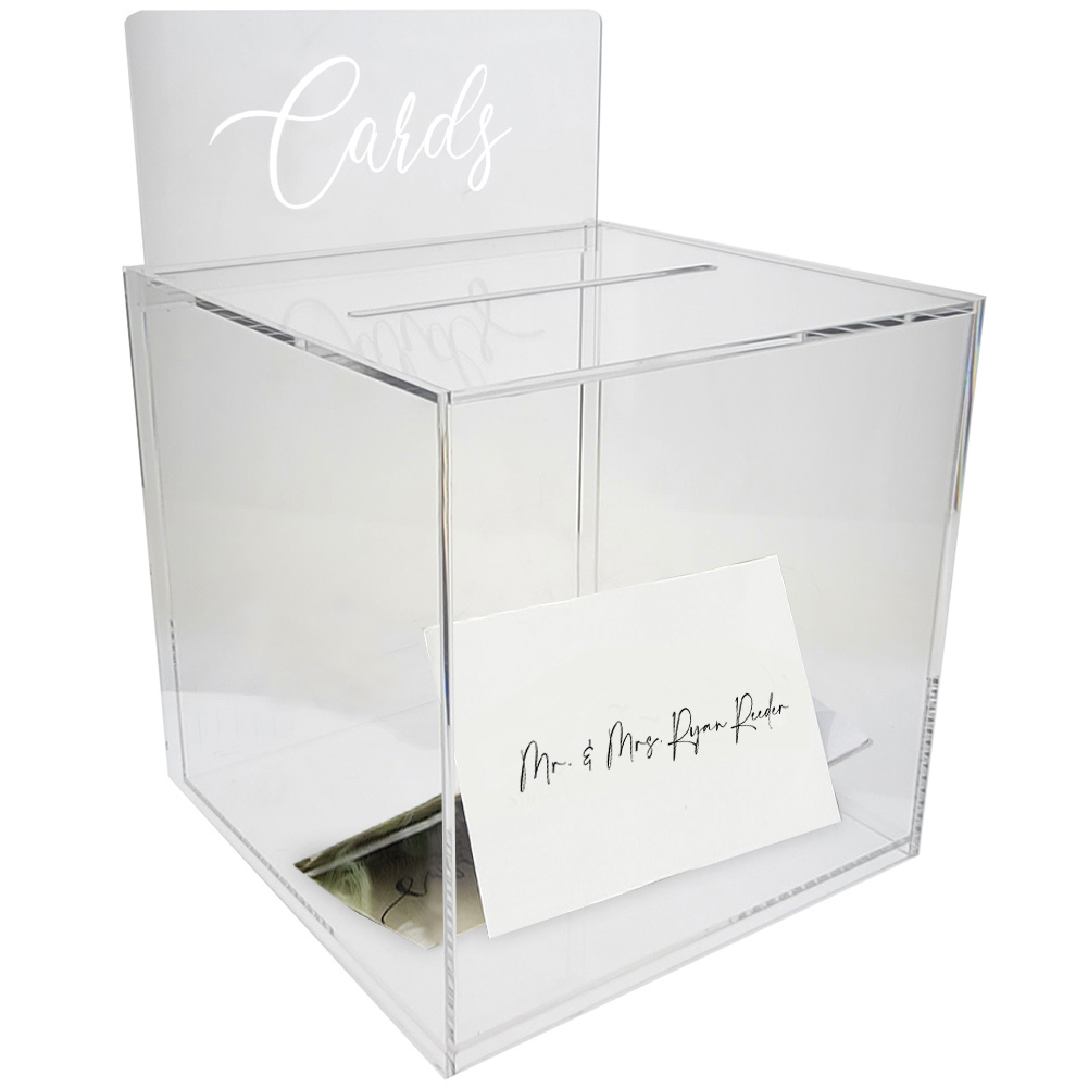 Vandue OnDisplay 10" Luxe Acrylic Clear Wedding Card Money Box w/Hinged Lid and Removable Sign (Cards Print)
