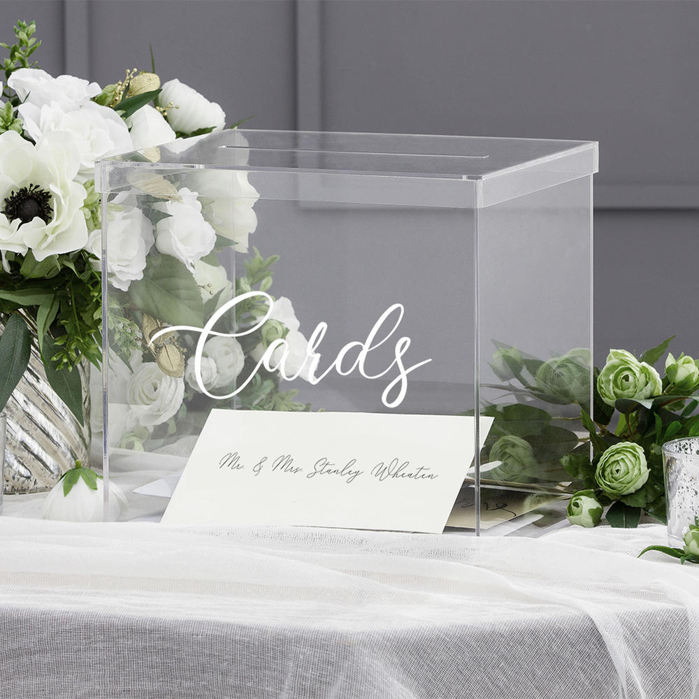 Vandue OnDisplay 10" Luxe Acrylic Clear Wedding Card Box w/Lid - Lucite Gift/Money Box ("Cards" Print)