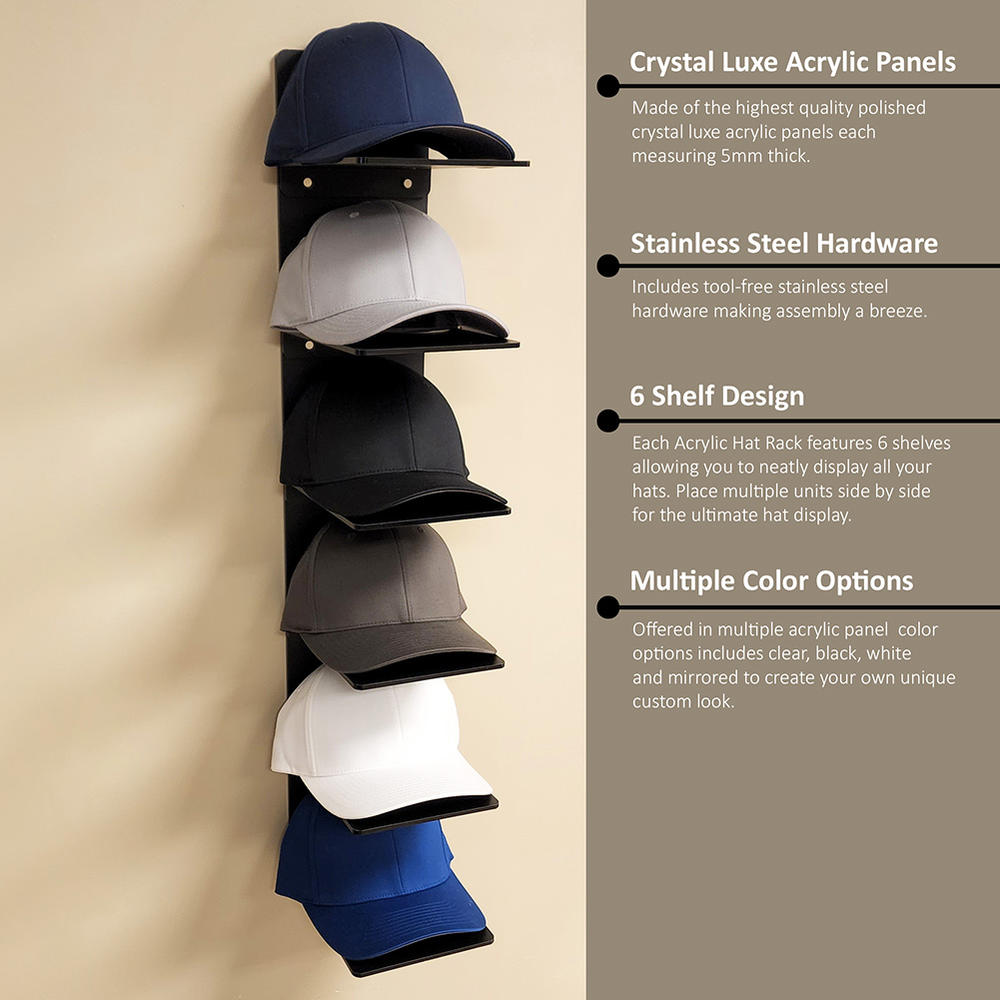 Vandue OnDisplay Luxe Acrylic Hat Rack Display - Wall Mounted Baseball Cap Organizer (Matte Black)
