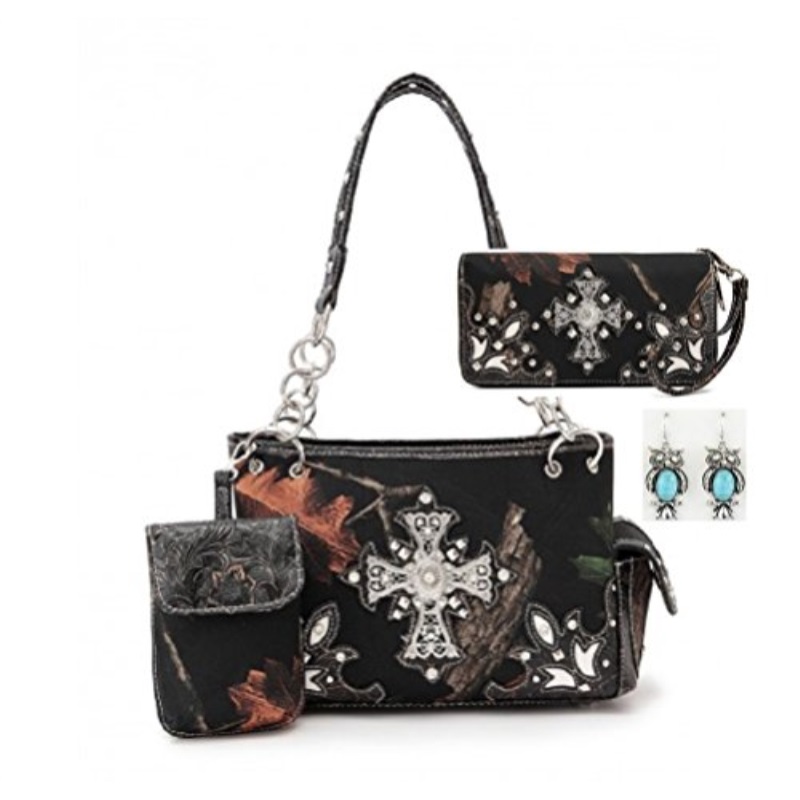 Paradise Western Camo Cross Shoulder Bag Camouflage Handbag Paradise Western Camo Cross Shoulder Bag Camouflage Handbag Rhinestone Purse With Matching Wallet Black