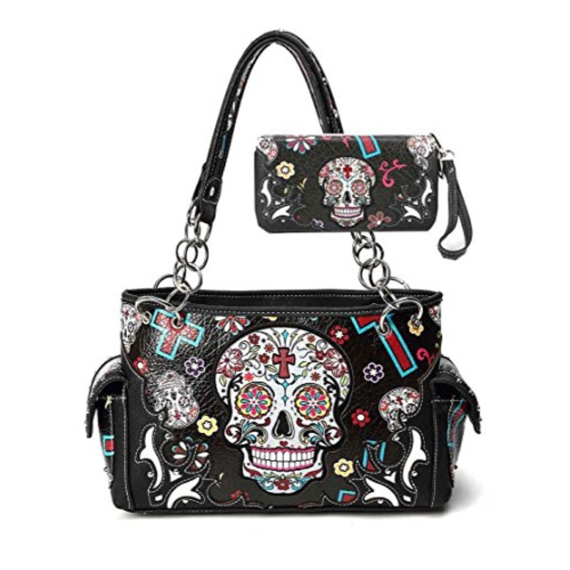 Cow Trendy Western Concealed Carry Cross Sugar Skull Art Purse Cow Trendy Western Concealed Carry Cross Sugar Skull Art Purse Handbag Shoulder Bag Wallet Set Black
