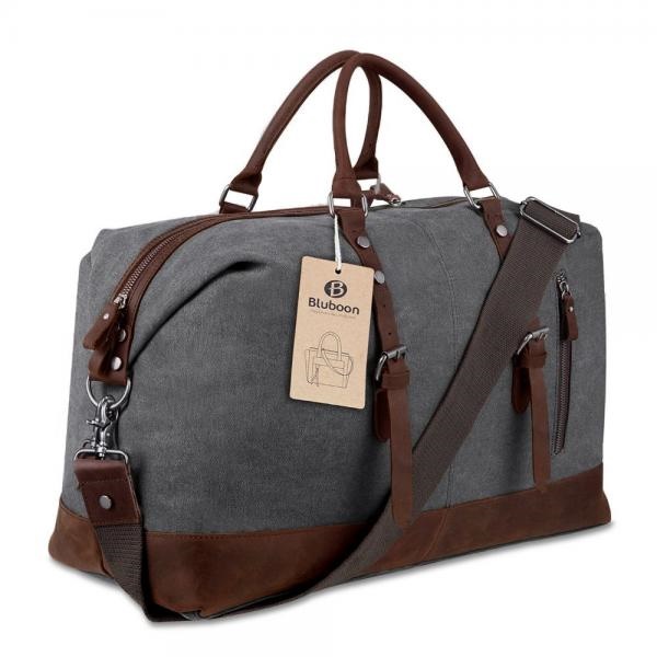 Bluboon Canvas Overnight Bag Travel Duffel Genuine Leather For Men Bluboon Canvas Overnight Bag Travel Duffel Genuine Leather For Men And Women Weekender Tote Grey