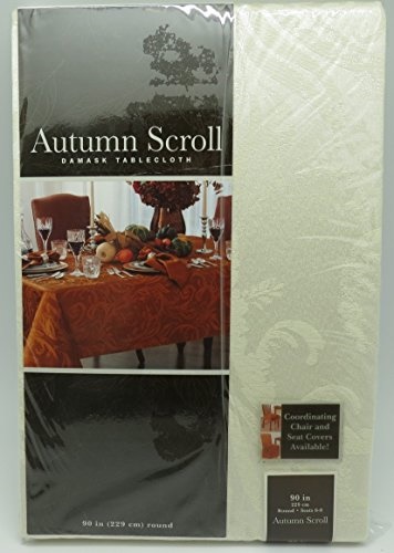 6 Seat Round Dining Table Autumn Scroll Damask Tablecloth 90 Inches Ivory Color Round Seats 6 To 8 People