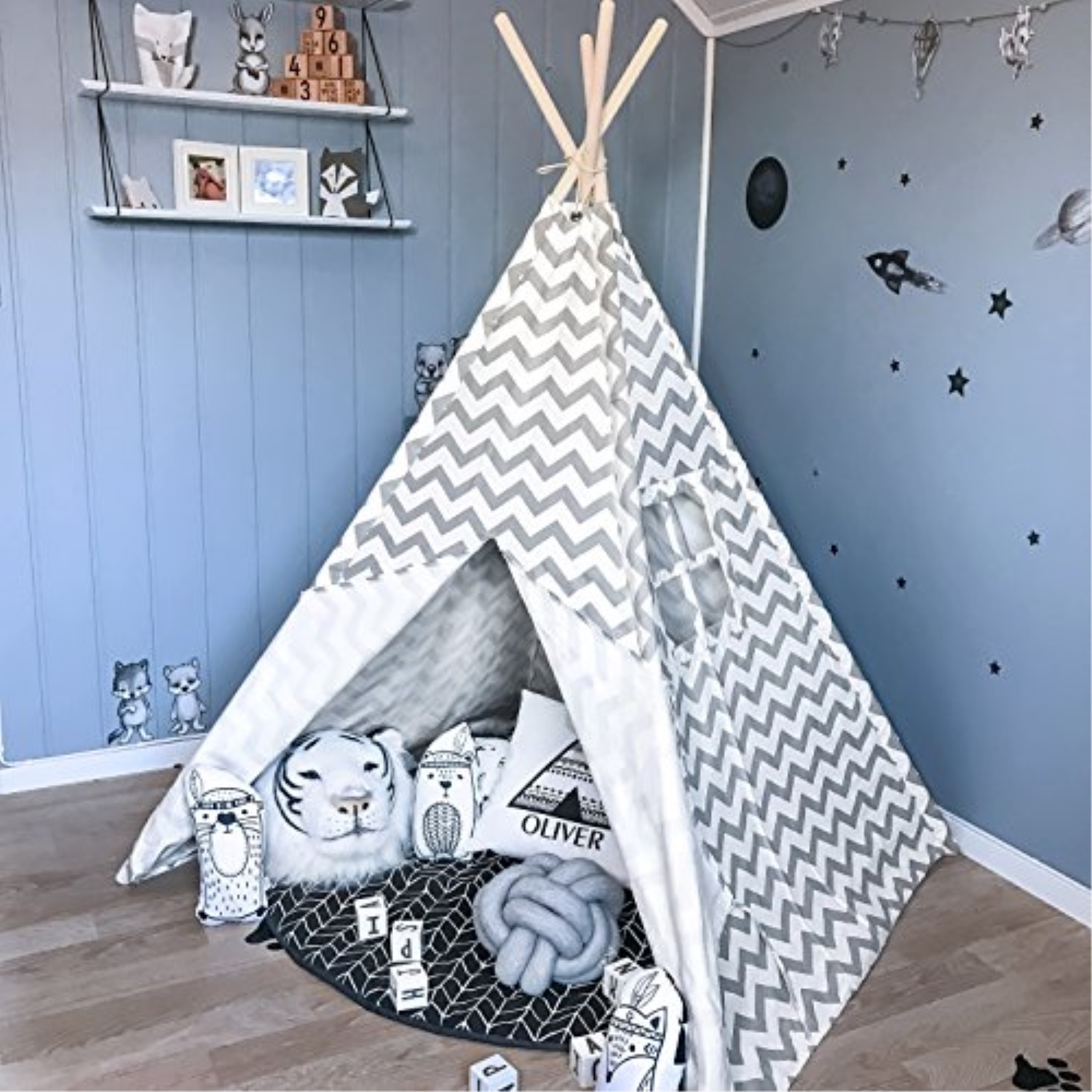 Tiny Land Teepee Tent Kids, Children Play Tent Indoor and Outdoor, 5' Gray Chevron Cotton Canvas Teepee