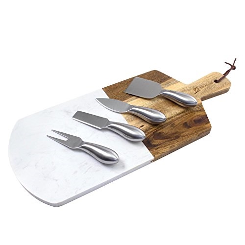 Zelancio Marble And Acacia Wooden Serving Cheese Board With Stainless Steel Cheese Knives