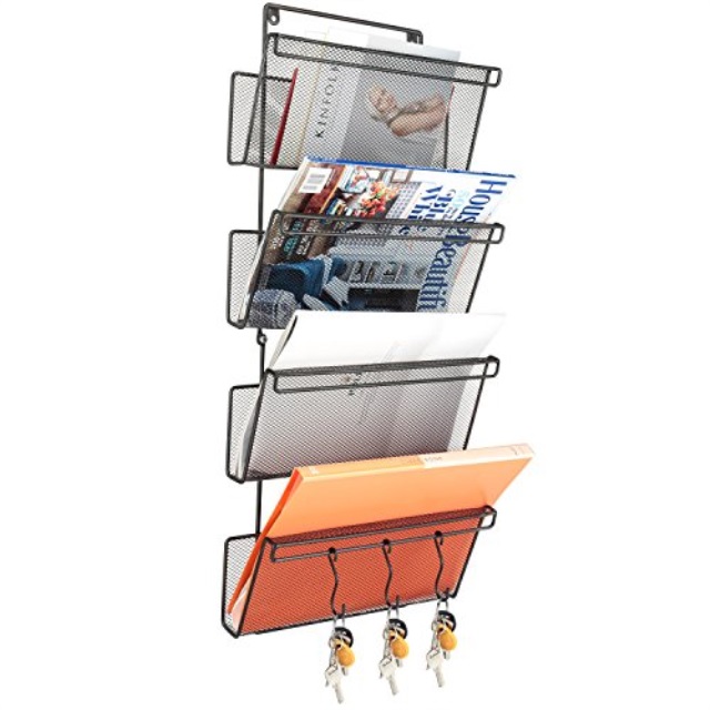 Samstar 4 Tier Hanging Wall File Organizer Metal Mesh Mounted Holder With 3 Key Hooks For Office Home - Mesh Wall File Holder Samstar 4 Tier Hanging Wall File Organizer Metal Mesh Mounted Holder With 3 Key Hooks For Office Home - Mesh Wall File Holder