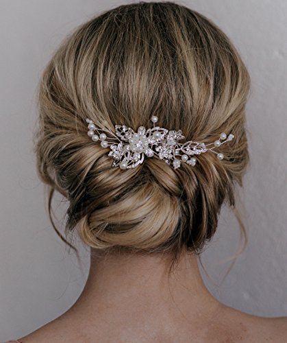 SWEETV Bridal Hair Comb Clip Pin Rhinestone Pearl Wedding Hair Accessories for Bride Bridesmaid Silver