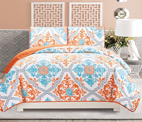 Grand Linen 3 Piece Fine Printed Quilt Set Reversible Bedspread Coverlet California Cal King Size Bed Cover Turquoise Blue White Grey Ora Grand Linen 3 Piece Fine Printed Quilt, Bedspread For California King Bed
