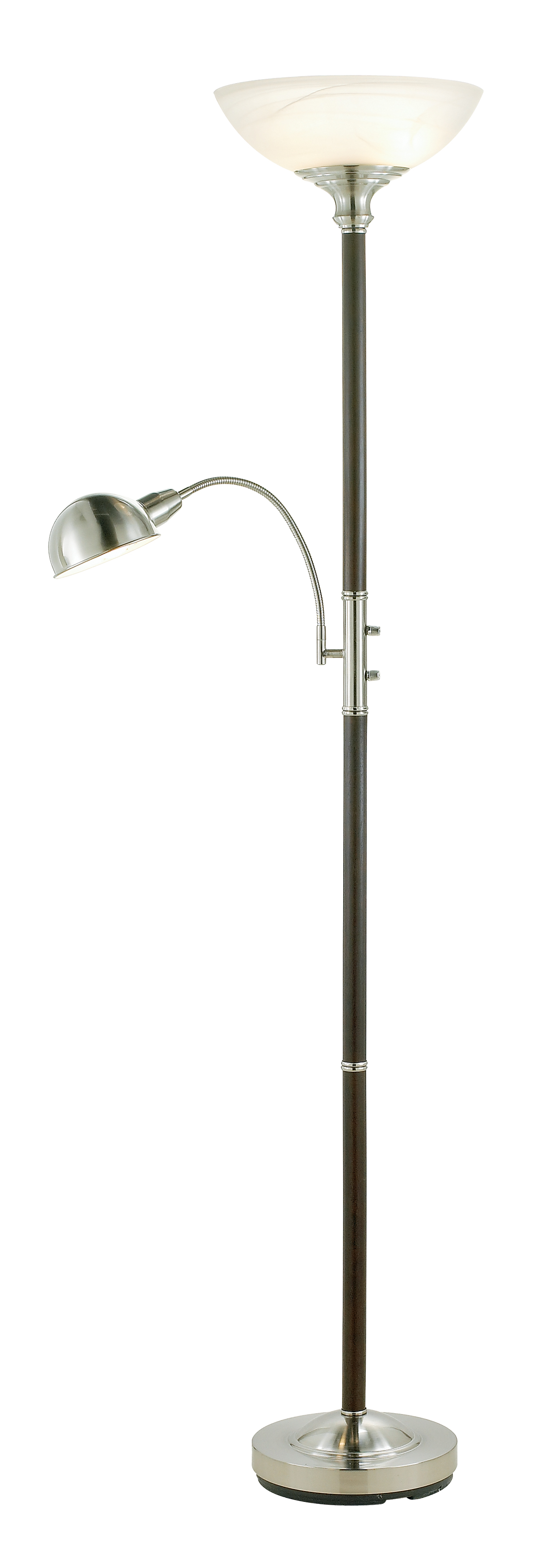 Homeroots Lighting Two Light Combo Floor Lamp Wood Brushed Steel Torchiere With Frosted Glass Dome Shade And Reading Frosted Glass Dome Shade, Floor Lamp With Reading Light And Glass Steel Shades