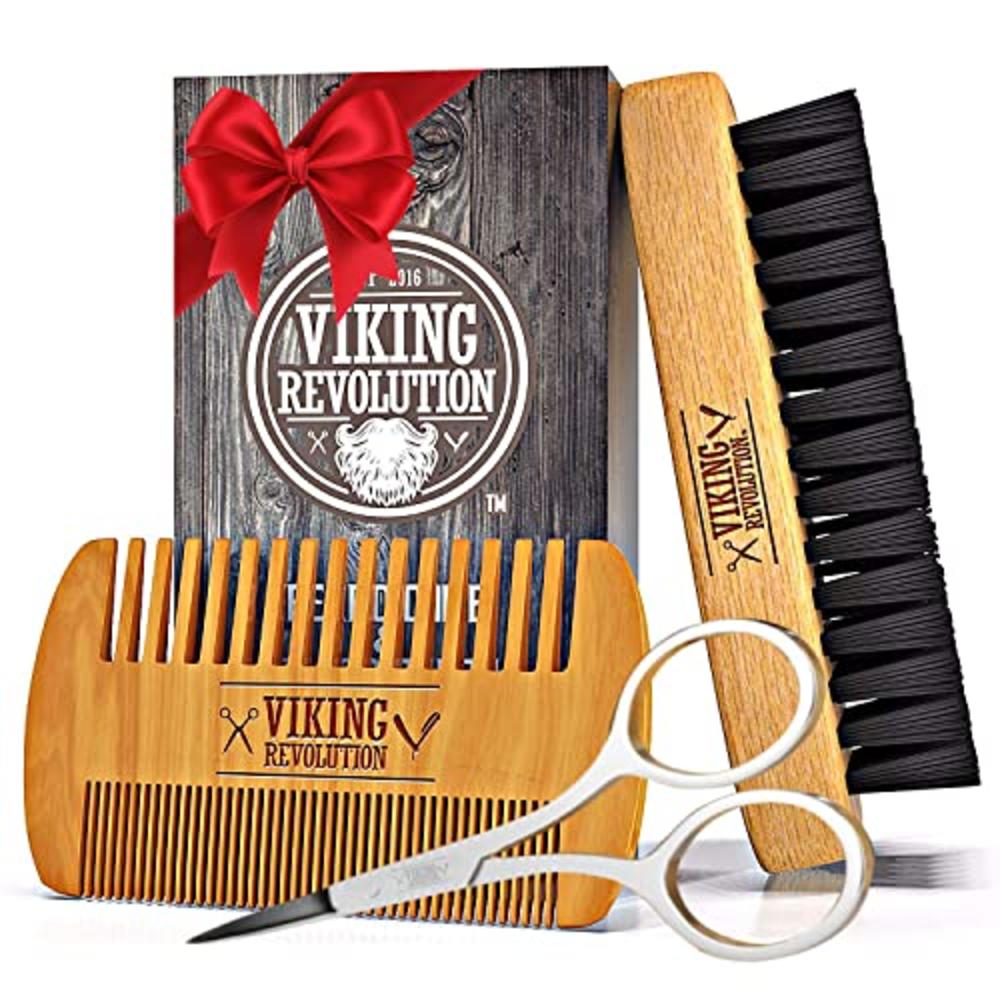 Viking Revolution Beard Comb & Beard Brush Set for Men - Natural Boar Bristle Brush and Dual Action Pear Wood Comb w/Velvet Trav