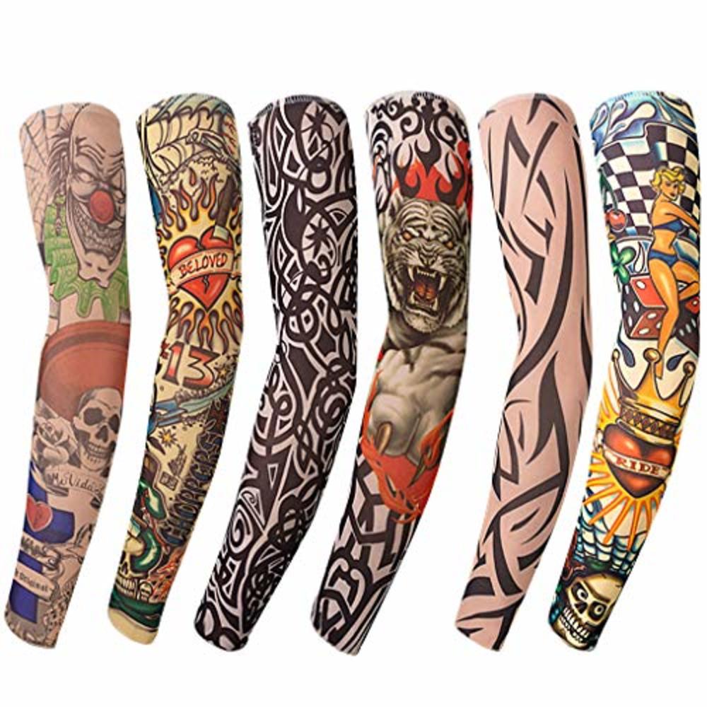 Gospire 6 Pcs Stretchy Nylon Fake Temporary Tattoo Sleeves Body Art Arm Stockings Slip Accessories Halloween Tattoo Soft For Men