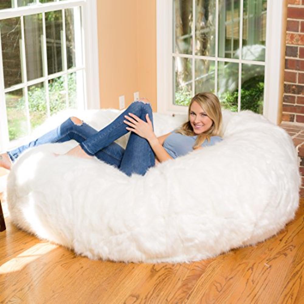Comfy Sacks 6 ft Lounger Memory Foam Bean Bag Chair, White Furry