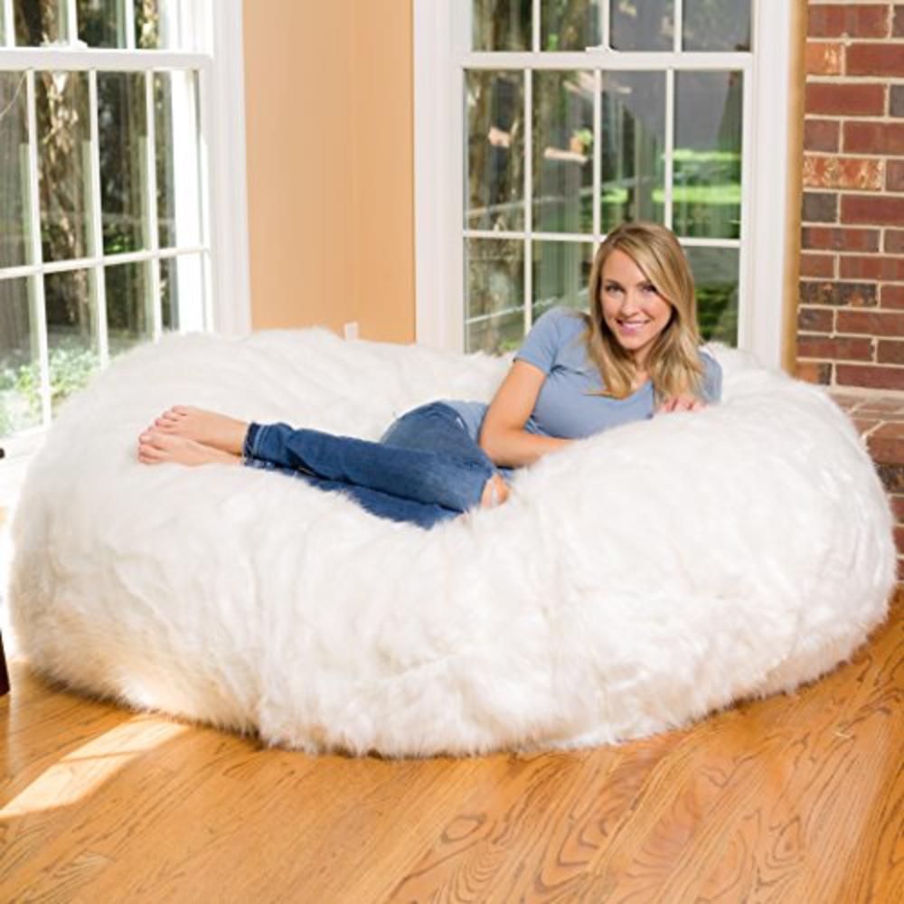Comfy Sacks 6 ft Lounger Memory Foam Bean Bag Chair, White Furry