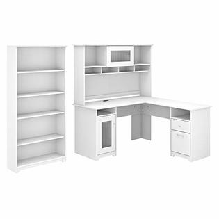 Bush Furniture Cabot 60w L Shaped Computer Desk With Hutch And 5 Shelf Bookcase White Bush Furniture Cabot 60w L Shaped, Cabot 60w Corner Desk With Hutch