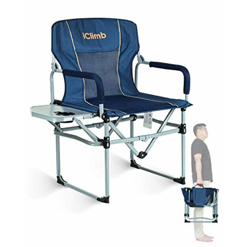 iClimb Heavy Duty Compact Camping Folding Mesh Chair with Side Table and Handle (Navy)