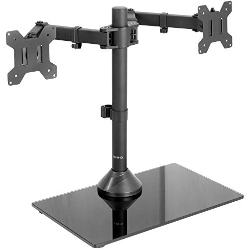 VIVO Freestanding Black Dual Monitor Stand with Sleek Glass Base and Adjustable Arms, Mounts 2 Screens up to 27 inch and 22 lbs 