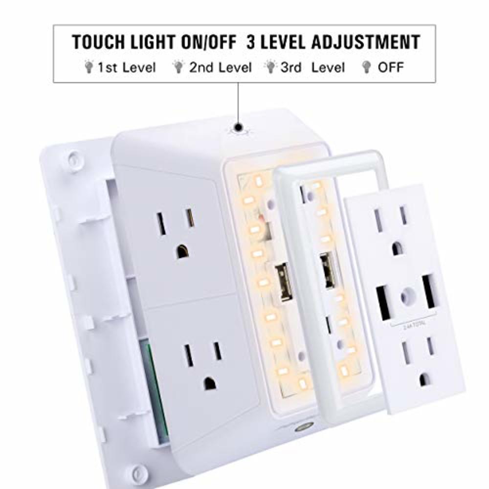 POWRUI Usb Wall Charger, Surge Protector, Powrui 6-Outlet Extender With 2 Usb Charging Ports (2.4A Total) And Night Light, 3-Sided Powe