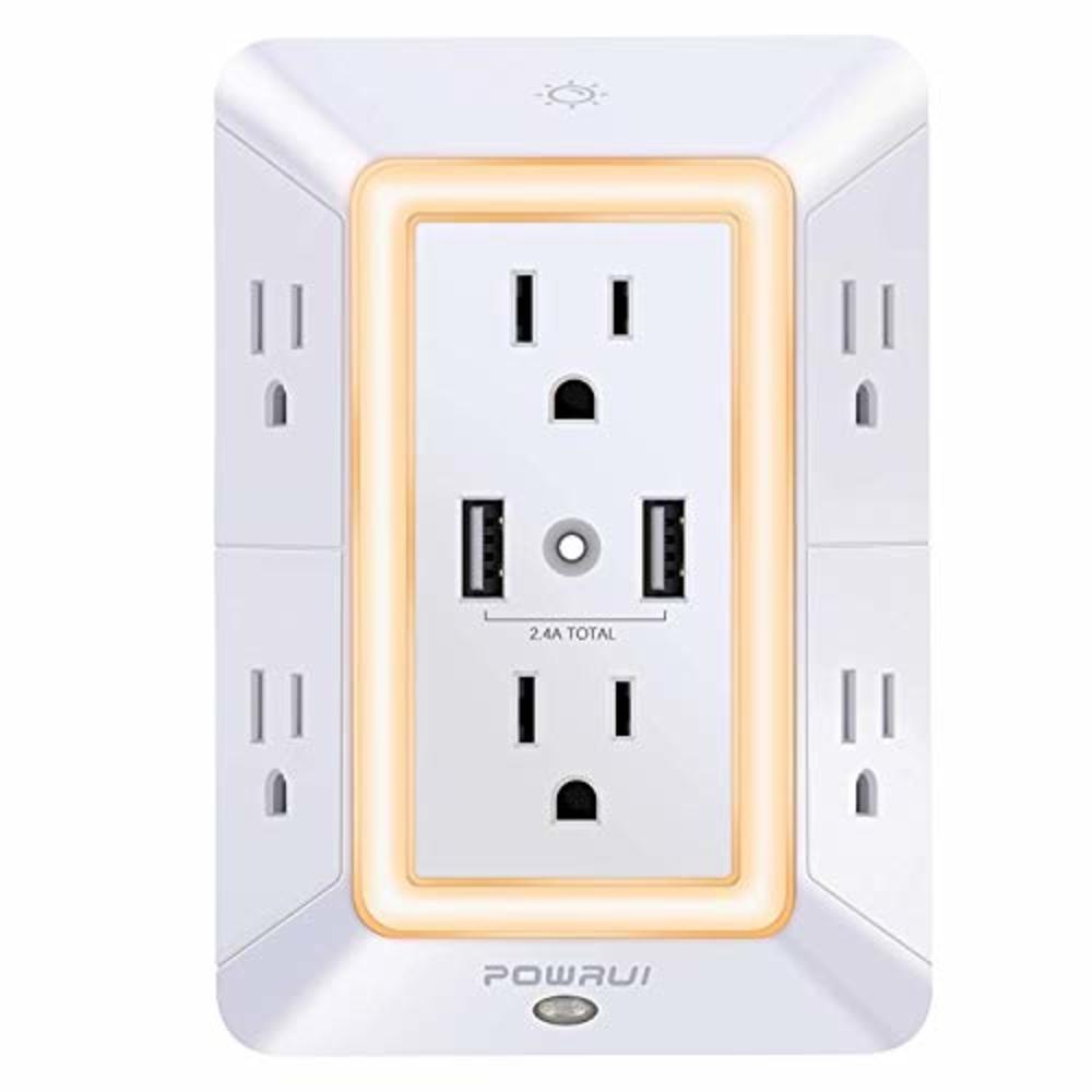 POWRUI Usb Wall Charger, Surge Protector, Powrui 6-Outlet Extender With 2 Usb Charging Ports (2.4A Total) And Night Light, 3-Sided Powe