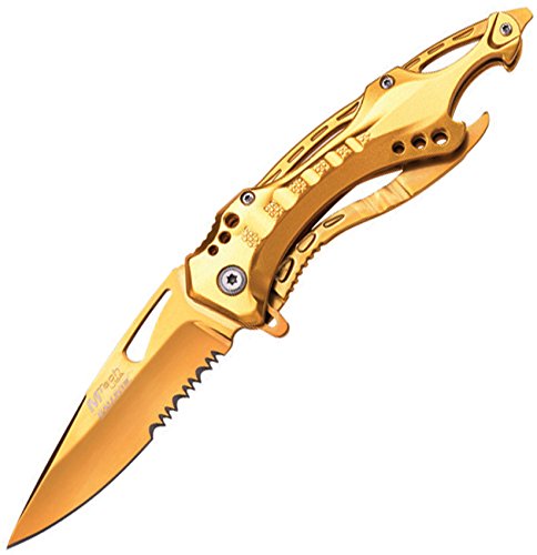 MTech USA Ballistic MT-A705GD Spring Assist Folding Knife, Gold Half-Serrated Blade, Gold Handle, 4.5-Inch Closed