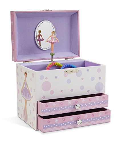 Jewelkeeper White and Purple Ballerina Musical Jewelry Box with 2 Pullout Drawers, Swan Lake Tune