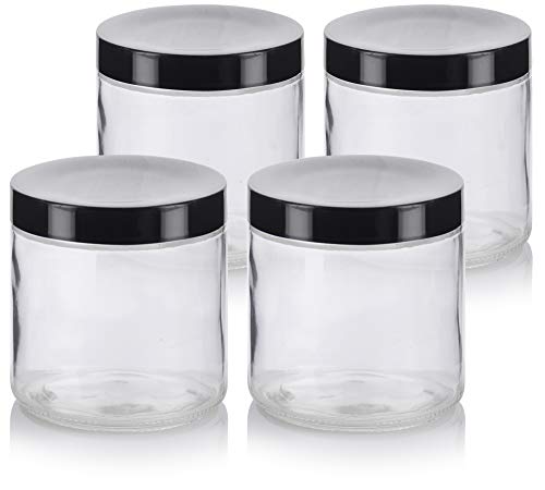 JUVITUS Large Clear Thick Glass Straight Sided Jar with Lid - 16 oz / 480 ml (4 pack, Black Foam Lined Lid)