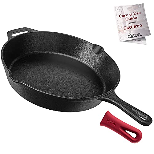 Cuisinel Cast Iron Skillet - 12-Inch Frying Pan with Assist Handle + Red Silicone Grip Cover - Pre-Seasoned Oven Safe Cookware -