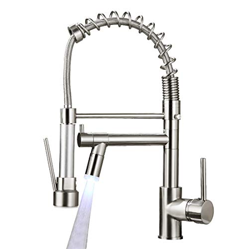AIMADI Commerical Kitchen Faucet with Sprayer,Single Handle Pull Down Sprayer Kitchen Sink Faucet with LED Light Two Spout,Brush
